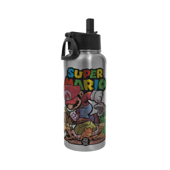 Super mario Jump, Metal mug thermo Silver with Straw and Spout Lid (Stainless steel), double wall, 950ml