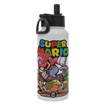 Super mario Jump, Metal mug thermo White with Straw and Spout Lid (Stainless steel), double wall, 950ml