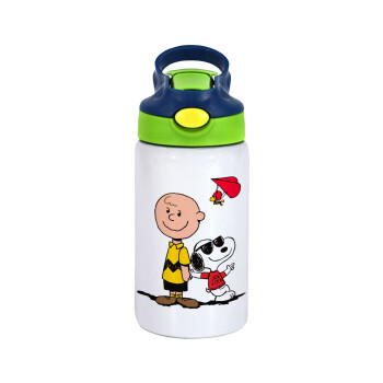 Snoopy & Joe, Children's hot water bottle, stainless steel, with safety straw, green, blue (350ml)