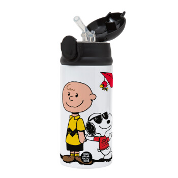 Snoopy & Joe, Children's hot water bottle, stainless steel, with safety straw, Black (360ml) BPA-FREE