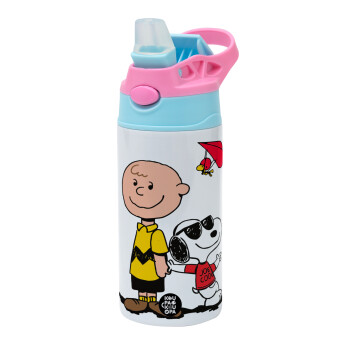 Snoopy & Joe, Children's hot water bottle, stainless steel, with safety straw, Pink/BlueCiel (360ml) BPA FREE