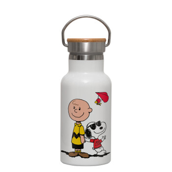 Snoopy & Joe, Metallic thermos (Stainless steel) White with wooden lid (bamboo), double-walled, 350ml