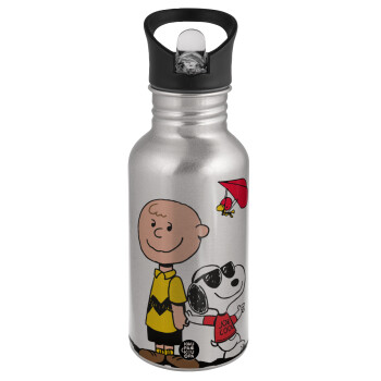 Snoopy & Joe, Water bottle Silver with straw, stainless steel 500ml