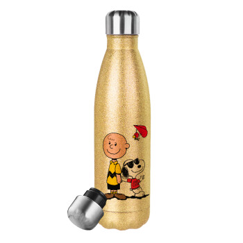 Snoopy & Joe, Glitter gold stainless steel thermos bottle, double-walled, 500ml