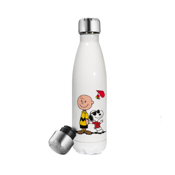 Snoopy & Joe, Μεταλλικό παγούρι θερμός Λευκό (Stainless steel), διπλού τοιχώματος, 500ml