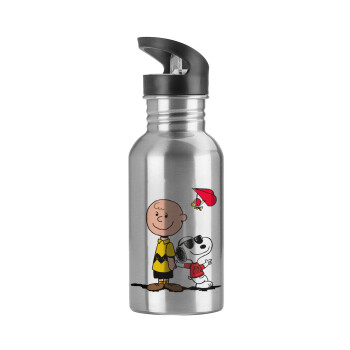 Snoopy & Joe, Water bottle Silver with straw, stainless steel 600ml