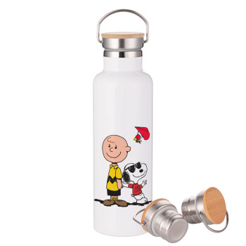 Snoopy & Joe, Μεταλλικό παγούρι θερμός (Stainless steel) Λευκό με ξύλινο καπακι (bamboo), διπλού τοιχώματος, 750ml
