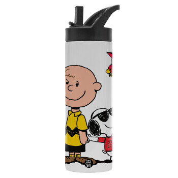 Snoopy & Joe, Μεταλλικό παγούρι θερμός με καλαμάκι & χειρολαβή, ανοξείδωτο ατσάλι (Stainless steel 304), διπλού τοιχώματος, 600ml