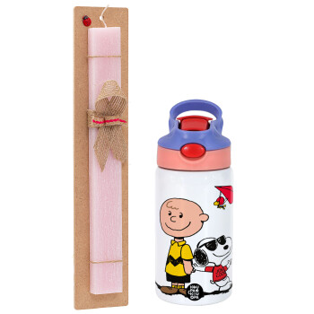 Snoopy & Joe, Easter Set, Children's thermal stainless steel water bottle with safety straw, pink/purple (350ml) & Easter scented flat candle (30cm) (PINK)