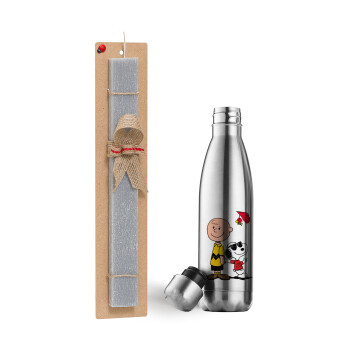 Snoopy & Joe, Easter Set, metallic stainless thermos flask (500ml) & scented flat Easter candle (30cm) (GRAY)