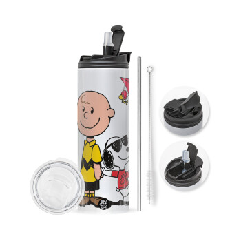 Snoopy & Joe, Travel Tumbler θερμό με διπλό καπάκι, μεταλλικό καλαμάκι και βούρτσα καθαρισμού (Ανωξείδωτο 304 Food grade, BPA free, 600ml)