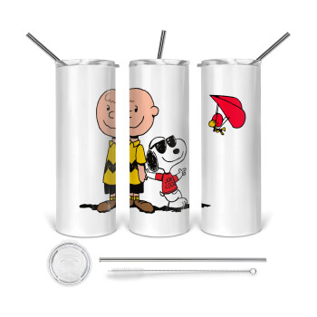 Snoopy & Joe, Tumbler ποτήρι θερμό από ανοξείδωτο ατσάλι 600ml, με μεταλλικό καλαμάκι & βούρτσα καθαρισμού