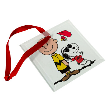 Snoopy & Joe, Christmas ornament, glass square ornament 9x9cm