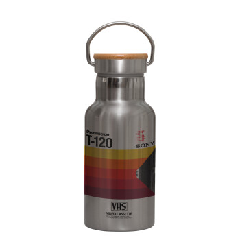 VHS sony dynamicron T-120, Stainless steel metallic thermos flask, silver with a bamboo lid, double-walled, 350ml.