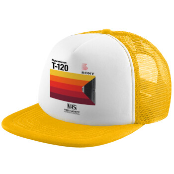 VHS sony dynamicron T-120, Adult Soft Trucker Hat with Yellow/White Mesh (POLYESTER, ADULT, UNISEX, ONE SIZE)