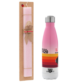 VHS sony dynamicron T-120, Easter Set, Metallic pink/white (Stainless steel) thermos, double-walled, 500ml & aromatic flat Easter candle (30cm) (PINK)