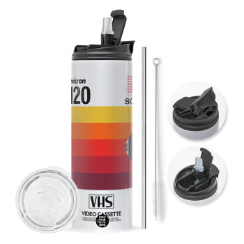 VHS sony dynamicron T-120, Travel Tumbler 2 Lids, with metal straw & cleaning brush (Stainless steel 304 Food grade, BPA free, 600ml)