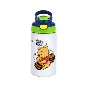 Winnie the Pooh, Children's hot water bottle, stainless steel, with safety straw, green, blue (350ml)