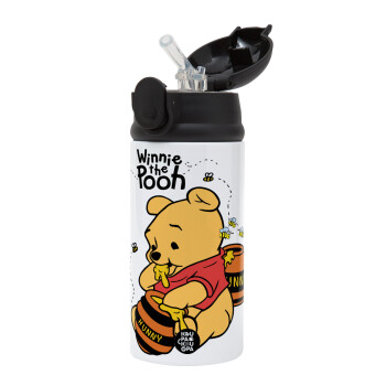 Winnie the Pooh, Children's hot water bottle, stainless steel, with safety straw, Black (360ml) BPA-FREE