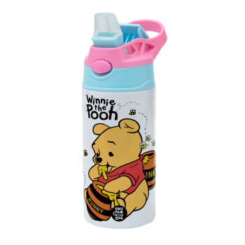 Winnie the Pooh, Children's hot water bottle, stainless steel, with safety straw, Pink/BlueCiel (360ml) BPA FREE