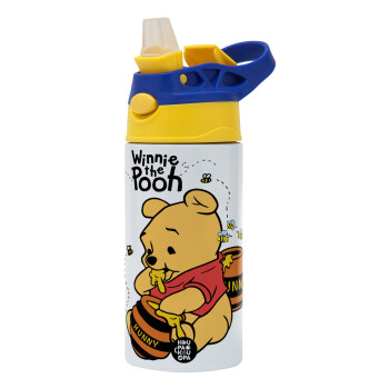 Winnie the Pooh, Children's hot water bottle, stainless steel, with safety straw, green, blue (360ml) BPA FREE