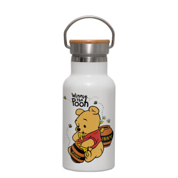 Winnie the Pooh, Metallic thermos (Stainless steel) White with wooden lid (bamboo), double-walled, 350ml