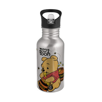 Winnie the Pooh, Water bottle Silver with straw, stainless steel 500ml