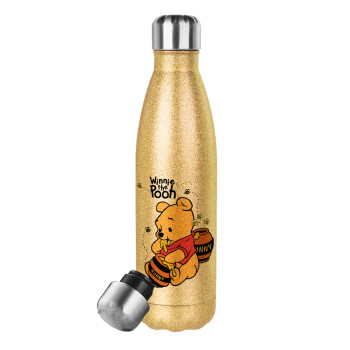 Winnie the Pooh, Μεταλλικό παγούρι θερμός Glitter χρυσό (Stainless steel), διπλού τοιχώματος, 500ml