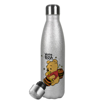 Winnie the Pooh, Μεταλλικό παγούρι θερμός Glitter Aσημένιο (Stainless steel), διπλού τοιχώματος, 500ml