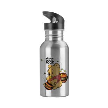 Winnie the Pooh, Water bottle Silver with straw, stainless steel 600ml