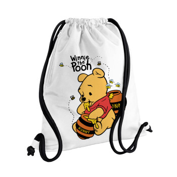 Winnie the Pooh, Τσάντα πλάτης πουγκί GYMBAG λευκή, με τσέπη (40x48cm) & χονδρά κορδόνια
