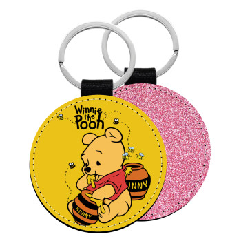 Winnie the Pooh, Μπρελόκ Δερματίνη, στρογγυλό ΡΟΖ (5cm)