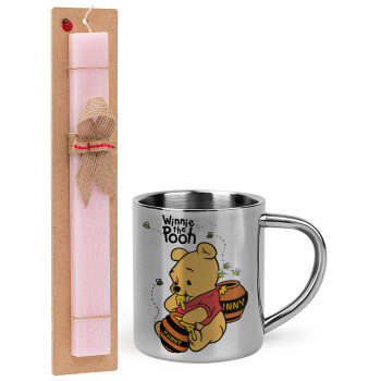 Winnie the Pooh, Easter Set, metallic thermal cup (300ml) & aromatic flat Easter candle (30cm) (PINK)