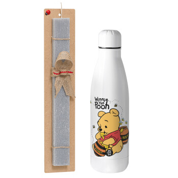 Winnie the Pooh, Easter Set, metallic Inox water bottle (700ml) & Easter scented flat candle (30cm) (GRAY)