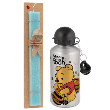 Winnie the Pooh, Easter Set, metallic silver aluminum water bottle (500ml) & scented flat Easter candle (30cm) (TURQUOISE)