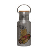 Stainless steel metallic thermos flask, silver with a bamboo lid, double-walled, 350ml.