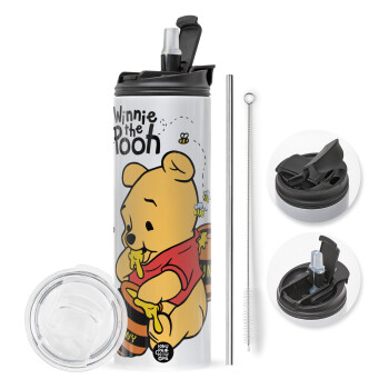 Winnie the Pooh, Travel Tumbler 2 Lids, with metal straw & cleaning brush (Stainless steel 304 Food grade, BPA free, 600ml)