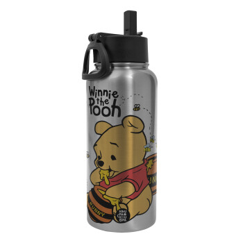 Winnie the Pooh, Metal mug thermo Silver with Straw and Spout Lid (Stainless steel), double wall, 950ml