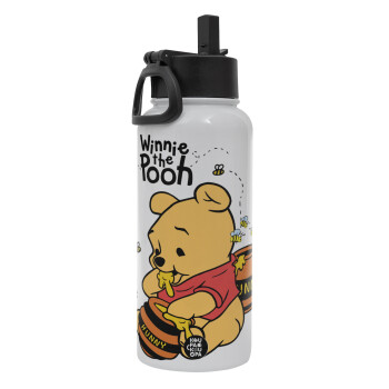 Winnie the Pooh, Metal mug thermo White with Straw and Spout Lid (Stainless steel), double wall, 950ml