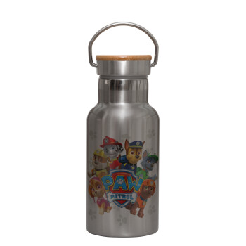 PAW patrol, Stainless steel metallic thermos flask, silver with a bamboo lid, double-walled, 350ml.