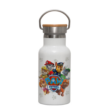 PAW patrol, Metallic thermos (Stainless steel) White with wooden lid (bamboo), double-walled, 350ml