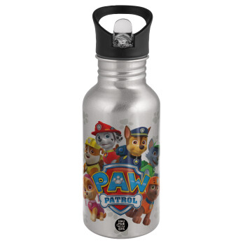 PAW patrol, Water bottle Silver with straw, stainless steel 500ml