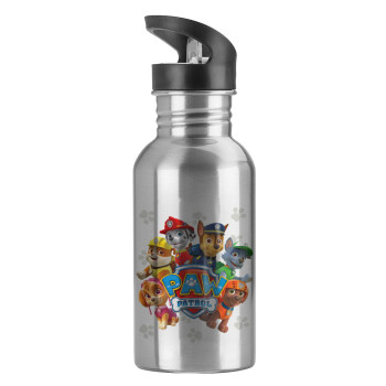 PAW patrol, Water bottle Silver with straw, stainless steel 600ml