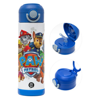 PAW patrol, τα κουτάβια, Παιδικό παγούρι θερμό, ανοξείδωτο, με καλαμάκι ασφαλείας, ΜΠΛΕ (500ml)