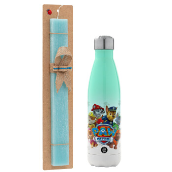 PAW patrol, Easter Set, Metallic green/white thermos (Stainless steel), double-walled, 500ml & scented flat Easter candle (30cm) (TURQUOISE)