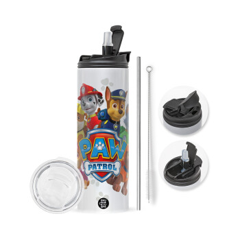 PAW patrol, τα κουτάβια, Travel Tumbler θερμό με διπλό καπάκι, μεταλλικό καλαμάκι και βούρτσα καθαρισμού (Ανωξείδωτο 304 Food grade, BPA free, 600ml)