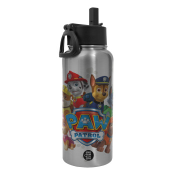 PAW patrol, Metal mug thermo Silver with Straw and Spout Lid (Stainless steel), double wall, 950ml