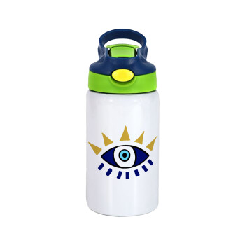 blue evil eye, Children's hot water bottle, stainless steel, with safety straw, green, blue (350ml)