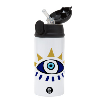 blue evil eye, Children's hot water bottle, stainless steel, with safety straw, Black (360ml) BPA-FREE