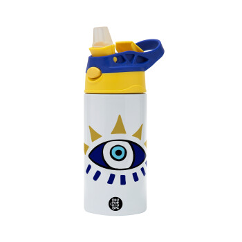 blue evil eye, Children's hot water bottle, stainless steel, with safety straw, green, blue (360ml) BPA FREE